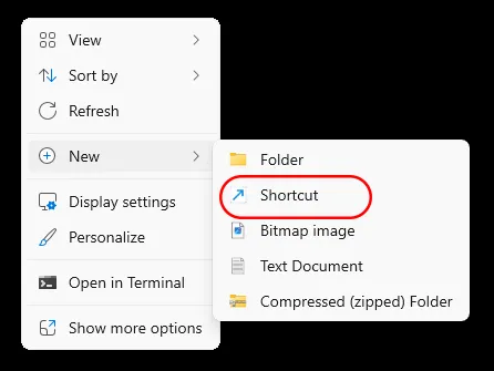 Creating a new shortcut on the desktop