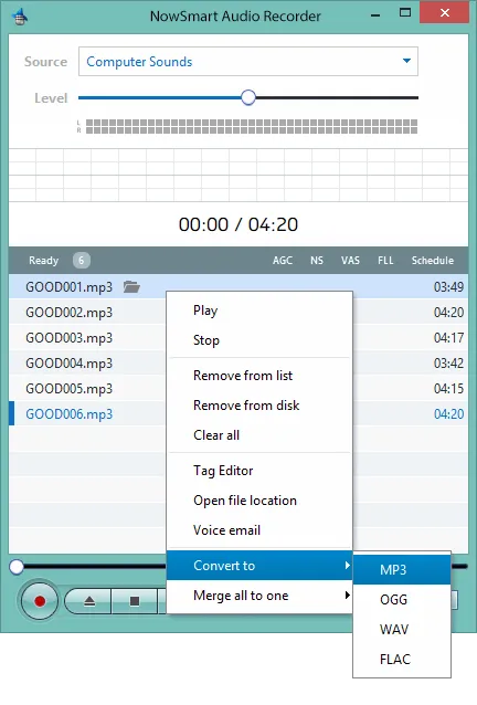 Choosing Convert to MP3 from the recording list