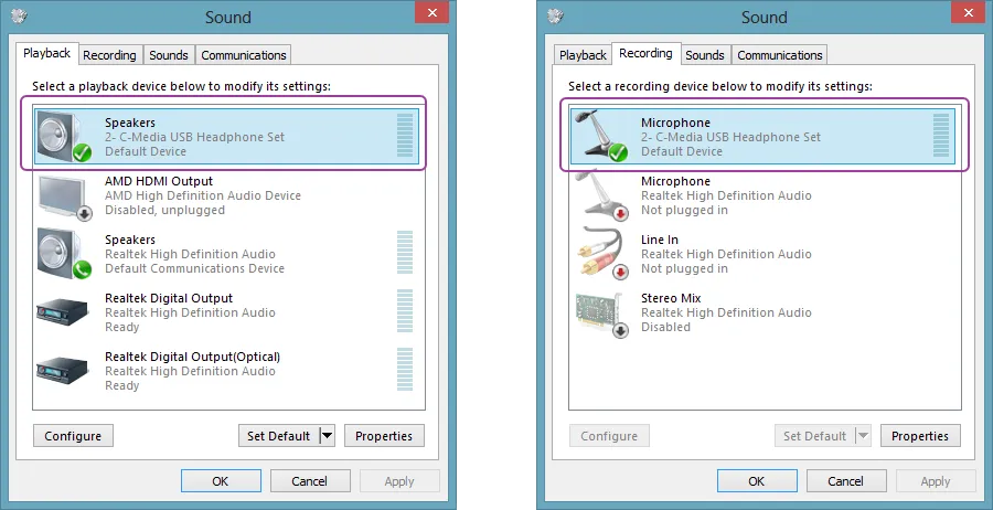 Setting the default audio devices in Windows