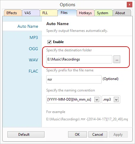 Auto Name settings with the save folder