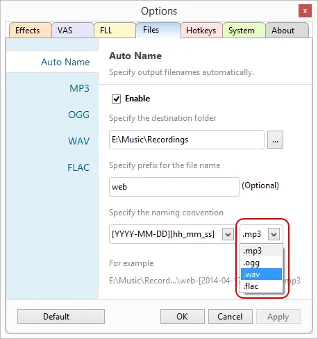 Choosing the Auto Name file extension on the Files tab