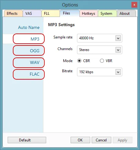 Format settings on the Files tab