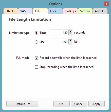 File Length Limit settings on the FLL tab
