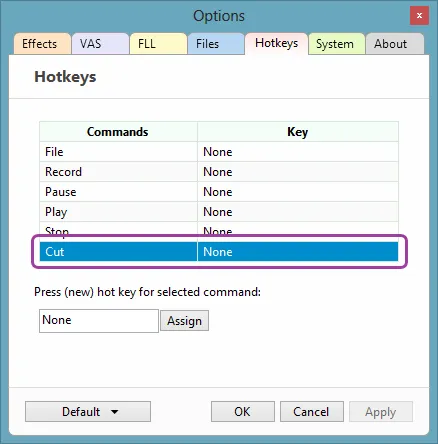 Choosing a command on the Hotkeys tab