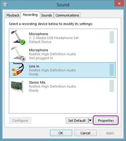 Line In properties in Windows
