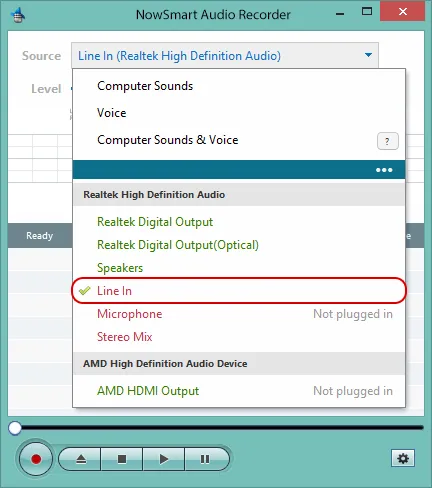 Choosing Line In as the recording source