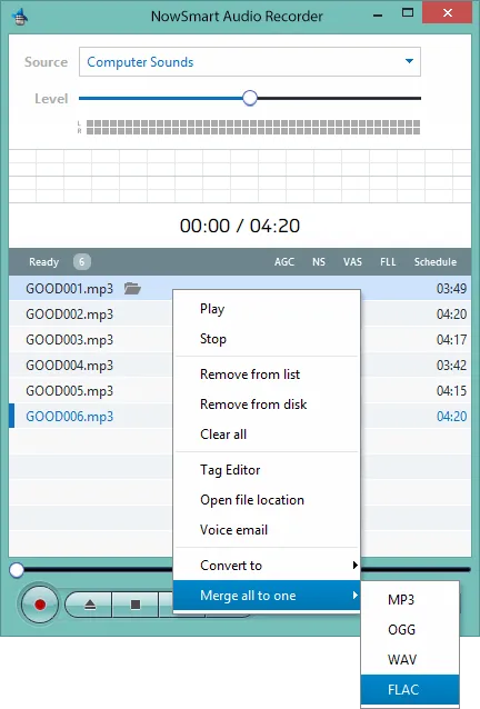 Choosing Merge all to one from the recording list