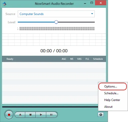 Opening Options in NowSmart Audio Recorder