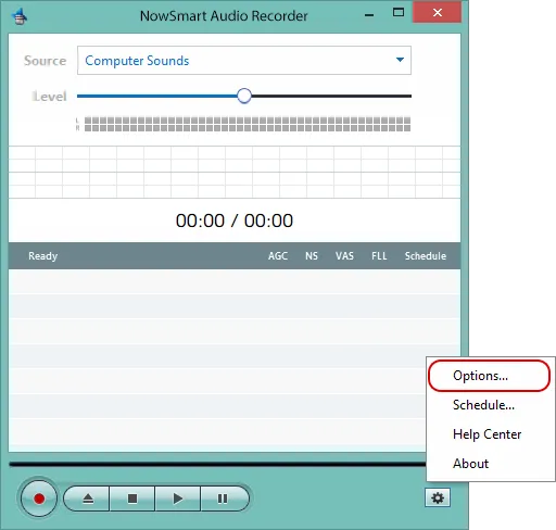 Opening Options in NowSmart Audio Recorder