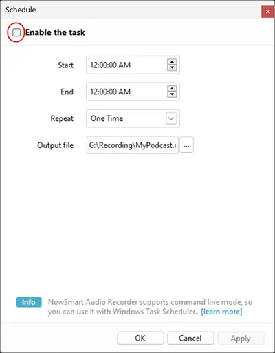 Schedule settings with Start and End times