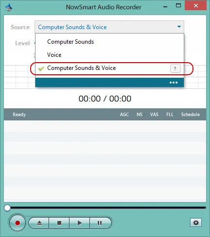 Selecting Computer Sounds & Voice as the recording source