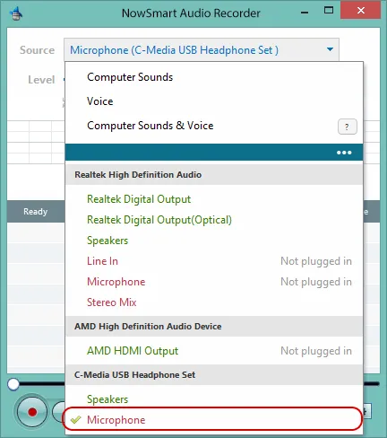 Choosing the USB headset microphone in Advanced mode