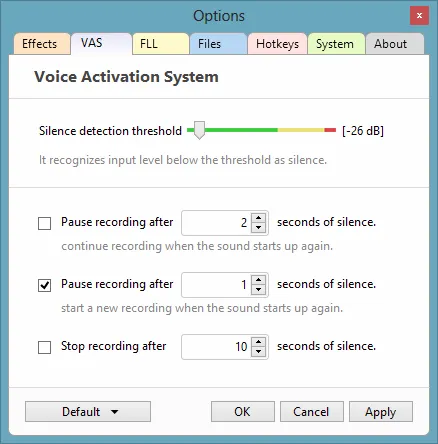 Splitting by silence on the VAS tab