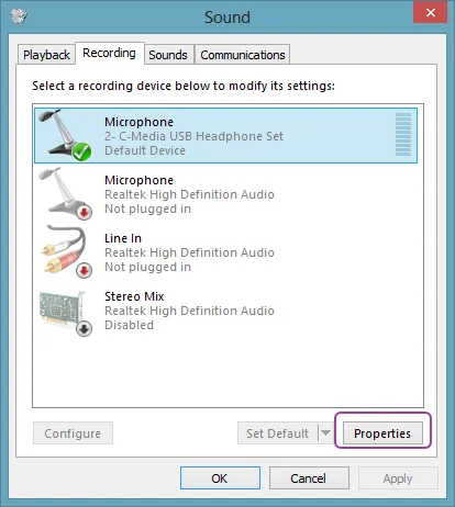 Microphone properties in Windows
