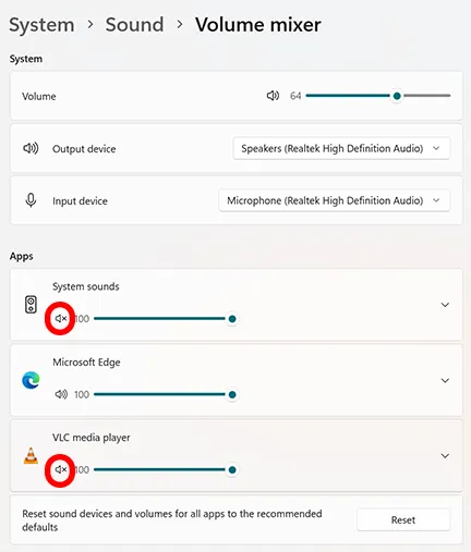 Muting apps in the Windows volume mixer