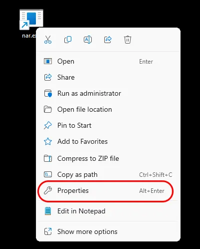 Opening the shortcut properties