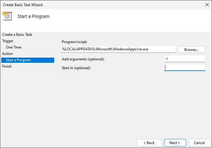 Start a program with the path to nar.exe