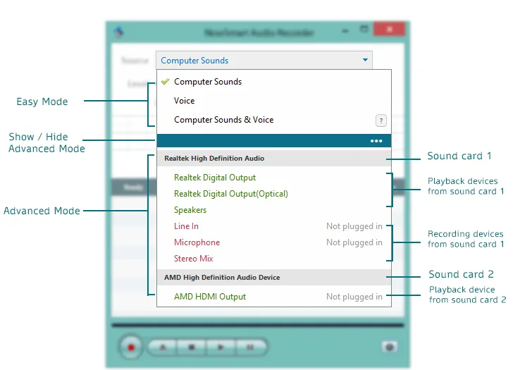 The recording source list in NowSmart Audio Recorder