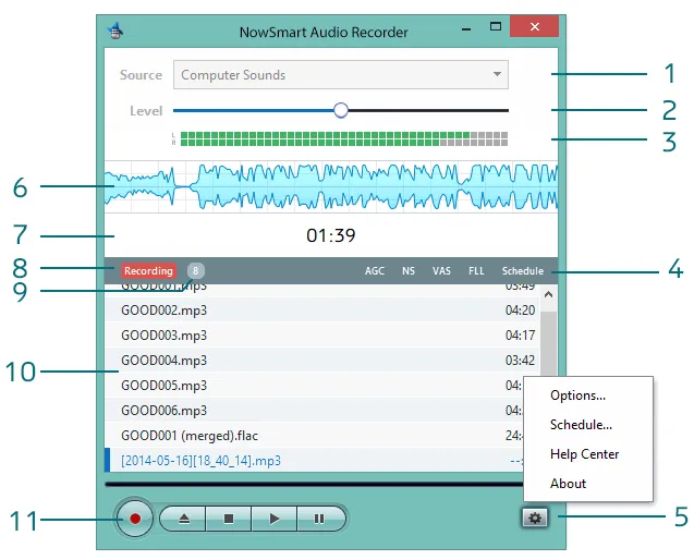 NowSmart Audio Recorder main window with numbered parts
