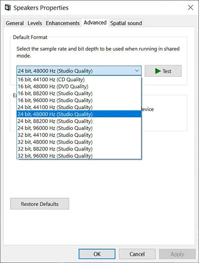 Default format on the Advanced tab