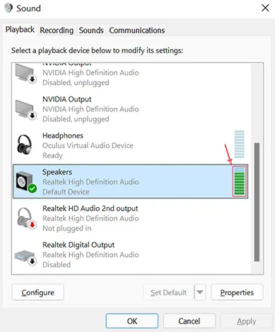 Level bars in the Windows Sound control panel